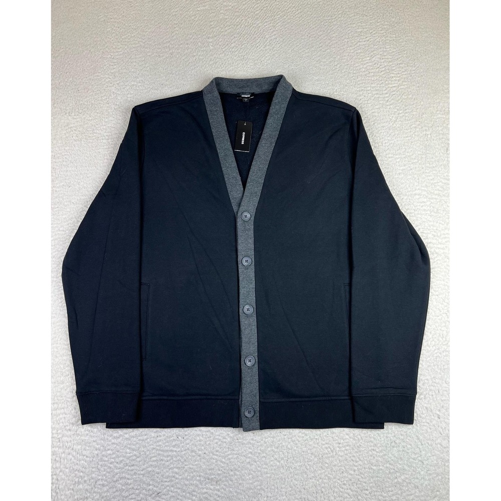 Express Mens Black V Neck Cardigan Sweater Knit Pockets 05329903 Medium NEW